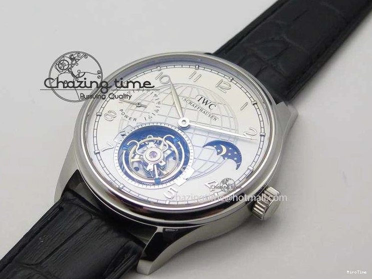 MIROTIME 0309 UrbanStyle Portuguese Tourbillon Power Reserve Moonphase SS White Dial On Black Leather Strap 7318